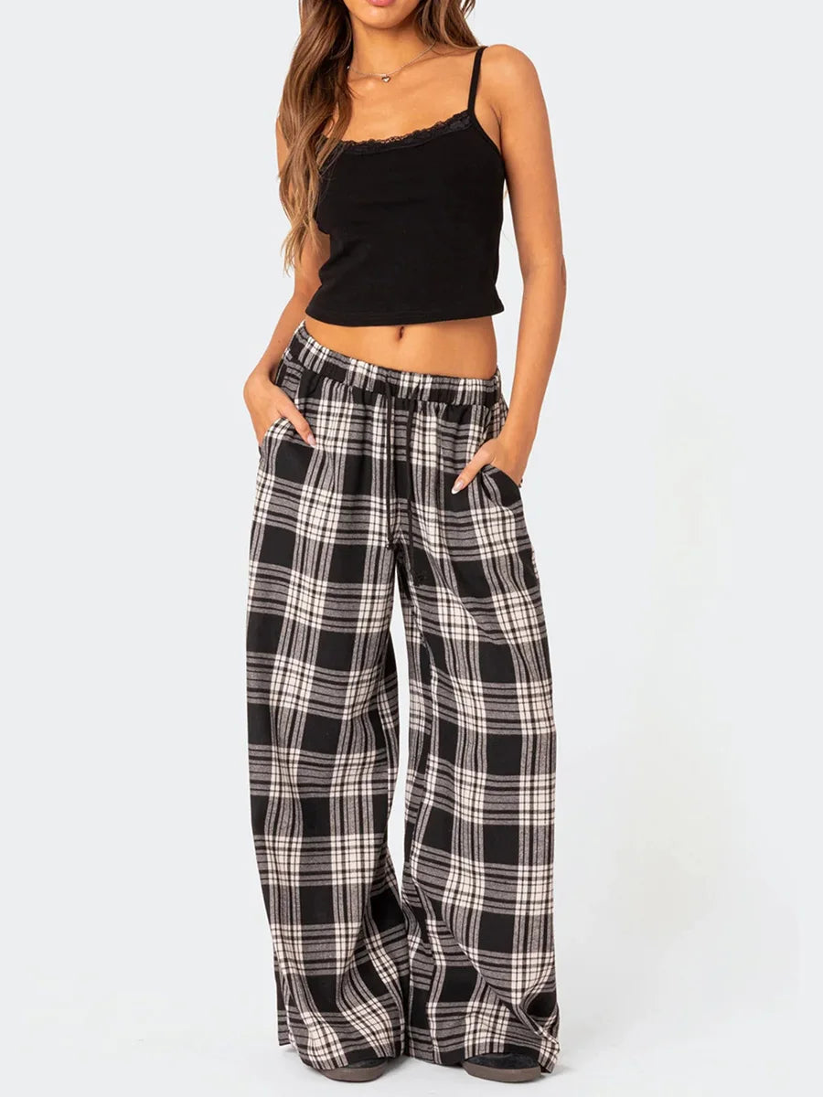 Pantaloni Oversize da Donna Y2K da Salotto Casual Quadri di Moda Elastici Vita Alta con Tasche Pigiama Homewear