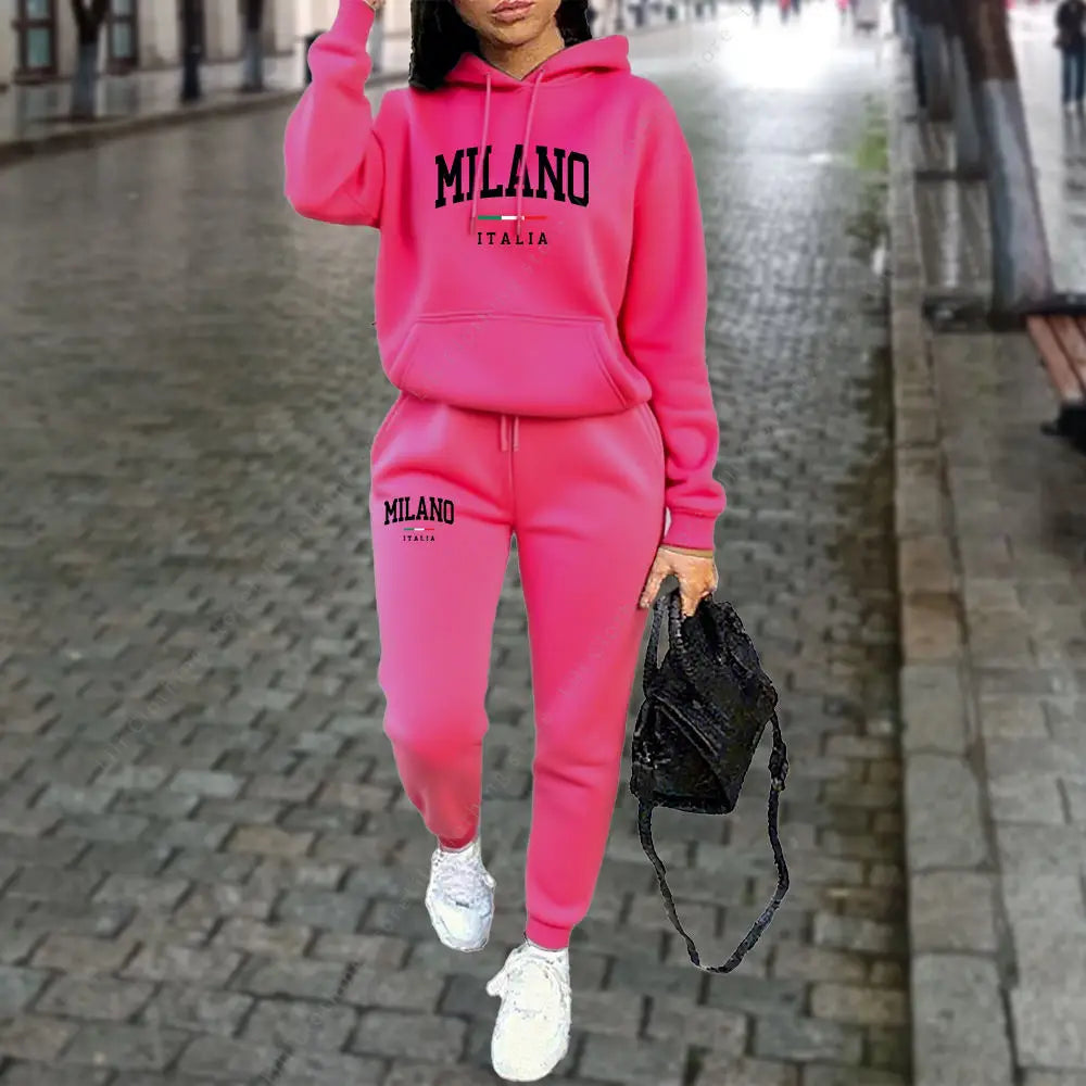 Tuta Da Donna 2 Pezzi Autunno Inverno Set Con Cappuccio Pantaloni Stampa Lettera Milano Estetica Sportiva