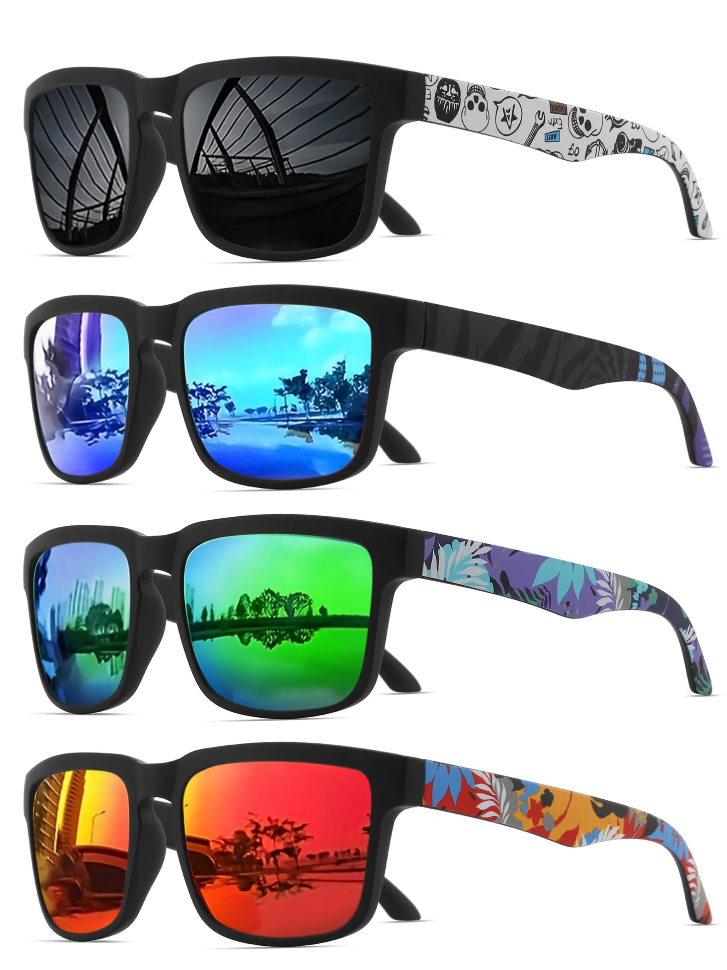 Occhiali Da Sole Sportivi Quadrati 4 Pezzi Motivo Tempio Design UV400 Per Uomini E Donne Vacanze Al Mare