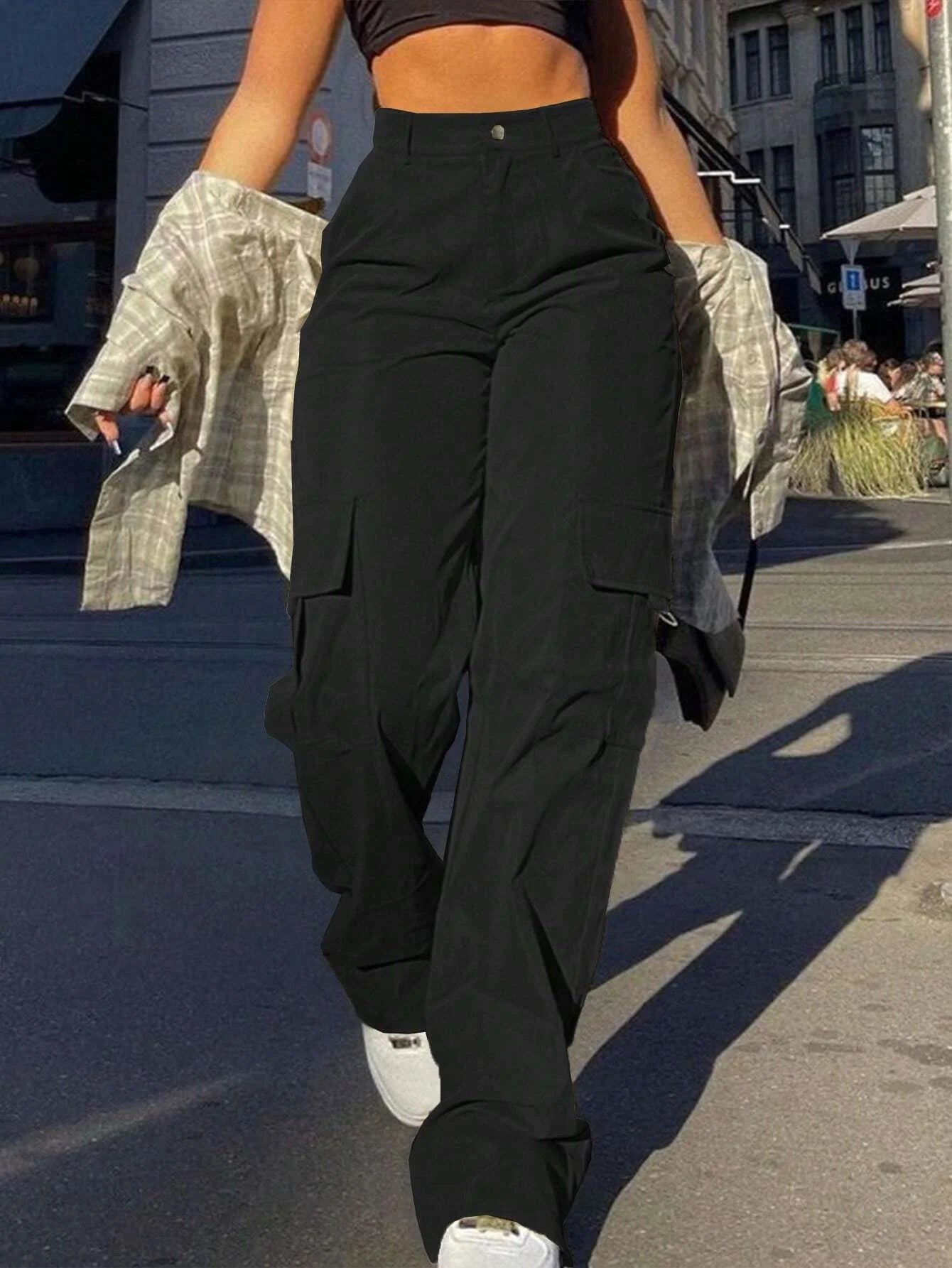 Pantaloni Cargo Da Donna Vita Alta Tinta Unita Con Bottoni E Tasche Casual Da Strada Per Tutte Le Stagioni
