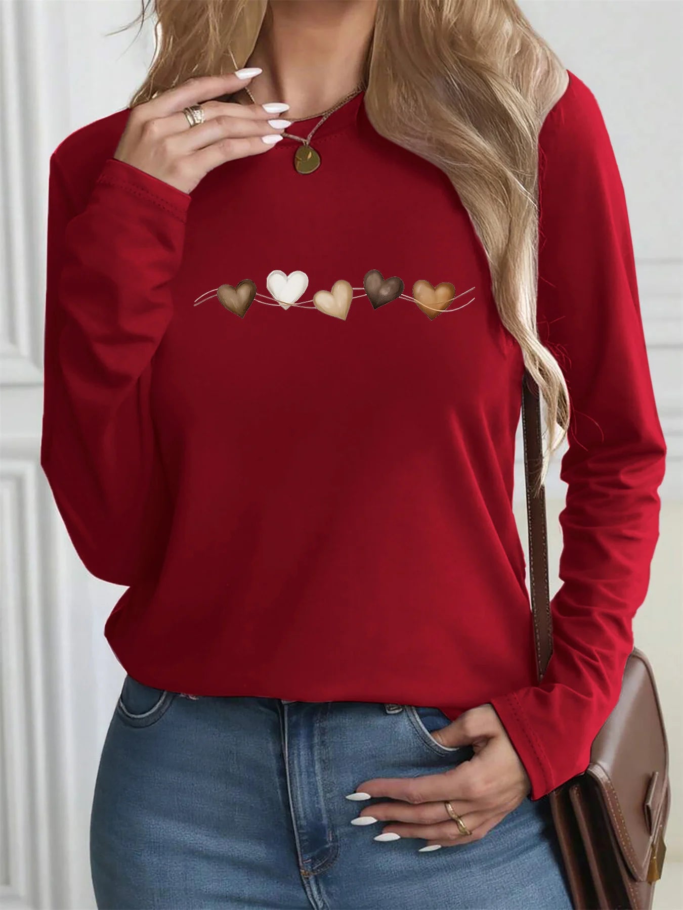T Shirt Da Donna Autunno Inverno 100 Percento Cotone Con Stampa Cuore Girocollo Maniche Lunghe