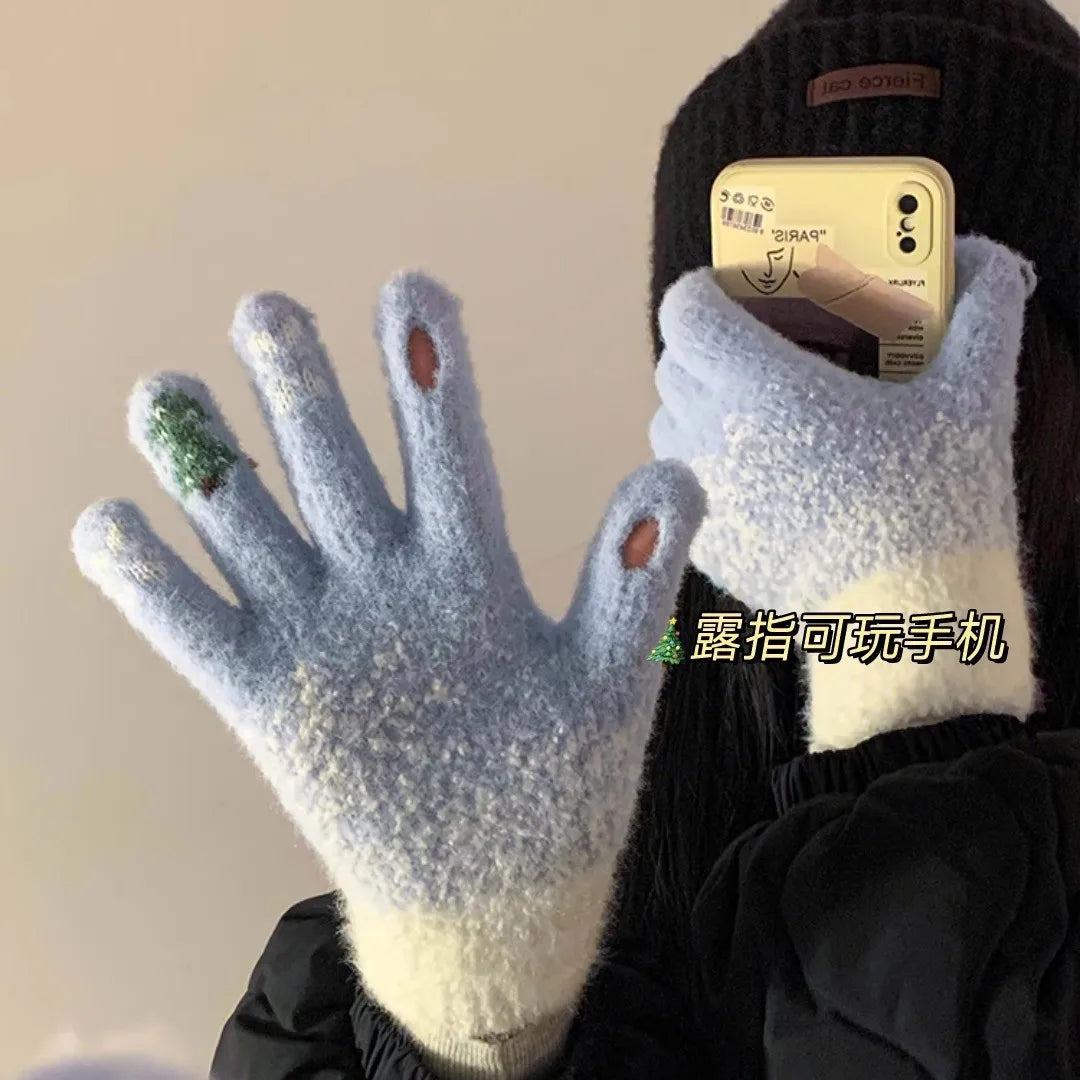 Guanti Invernali Da Donna Con Dita Esposte Ispessiti E Caldi Per Touch Screen Natalizi In Maglieria