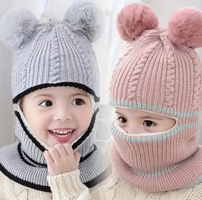 Berretto Invernale 3 In 1 Per Bambini Da 1 A 3 Anni Con Sciarpa Maschera Fodera Calda Protezione Antivento