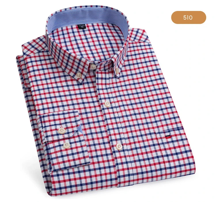 Camicia Da Uomo Oxford Abbottonata Maniche Lunghe In Cotone Al 100 Percento Con Tasca A Quadri Piccoli Stile Casual