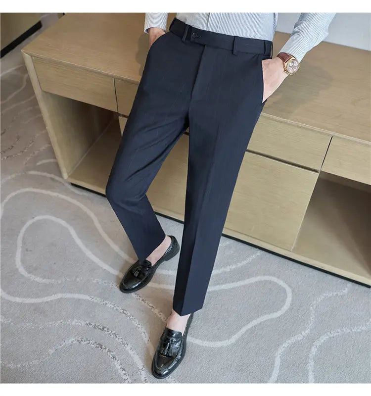 Pantaloni Da Abito Inverno In Lana Spessa Con Vita Elastica Gessati E Tinta Unita Per Uomo