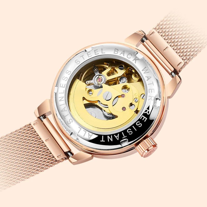 Orologio Meccanico Automatico Da Donna Orkina Classico Scheletrato Lusso Cinturino In Acciaio Inossidabile E Pelle