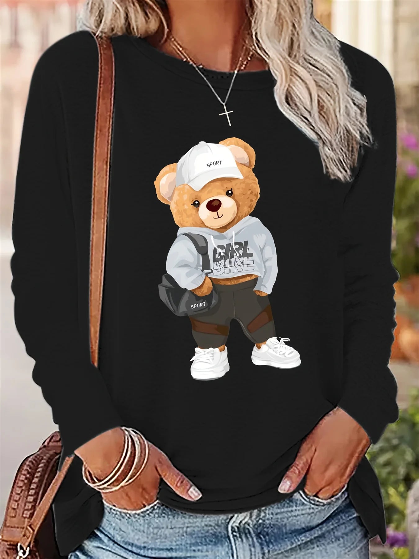Maglietta Donna Primavera Autunno Cotone Moda Casual Allentata Orso Cartone Stampa Girocollo Manica Lunga