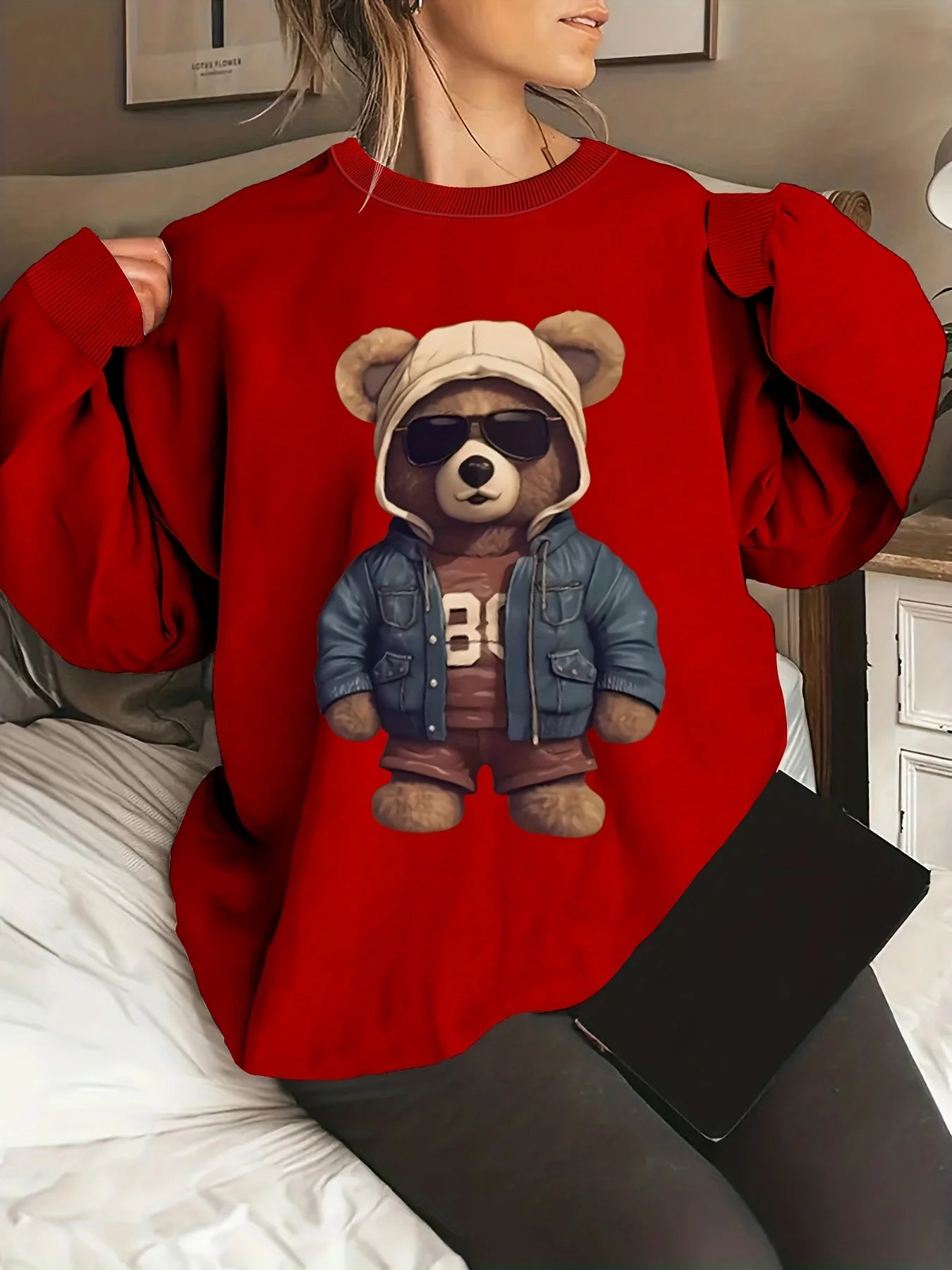 Pullover da Donna Autunno Inverno Casual Ampio con Motivo Gatto Caldo Stampato Girocollo a Maniche Lunghe