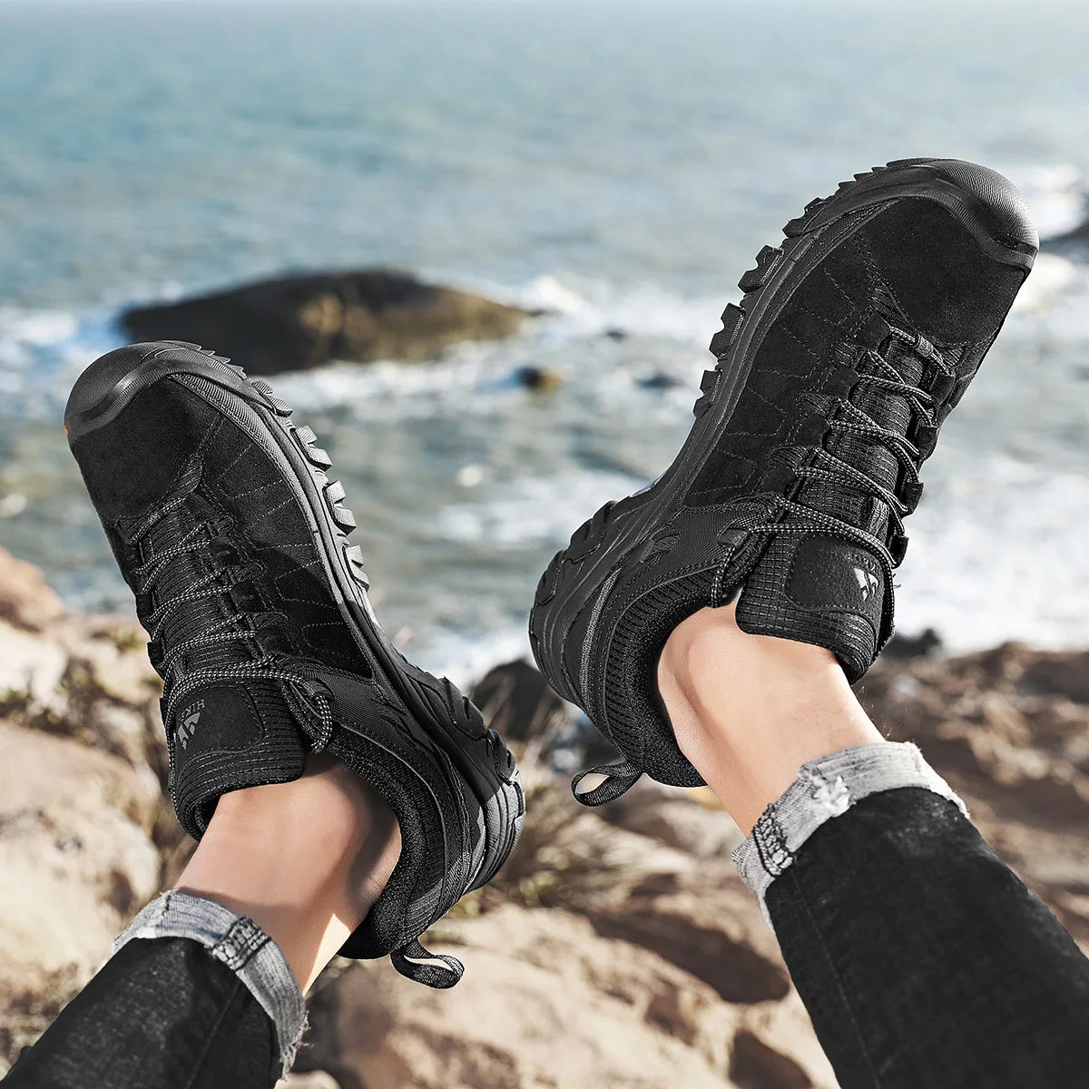 Hikeup Scarpe Trekking Uomo Pelle Alta Qualità Durevoli Esterni Suola Gomma Impermeabile