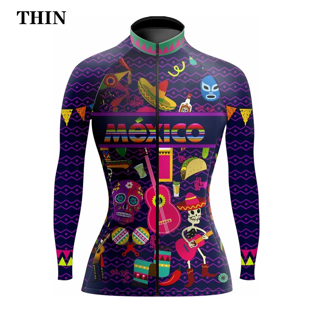 Maglia Ciclismo Da Donna A Maniche Lunghe Stile Messico Primavera Autunno Inverno Con Fodera In Pile Leggera E Calda