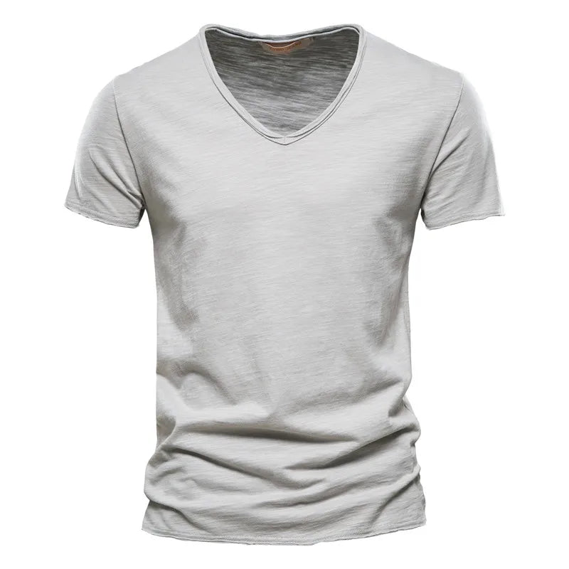 Maglietta Uomo Cotone 100 Percento Con Scollo A V Slim Fit Colore Solido Manica Corta
