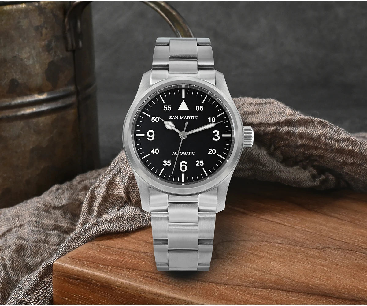 Orologio Da Pilota Da Uomo San Martin 37mm Meccanico Automatico 100m Impermeabile Stile Militari BGW 9