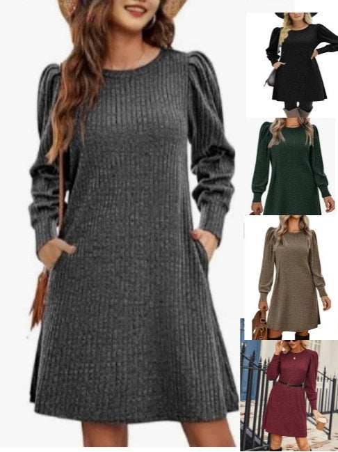 Abito da Donna in Maglia con Maniche a Palloncino e Tasche Laterali Autunno Inverno Comfort Quotidiano
