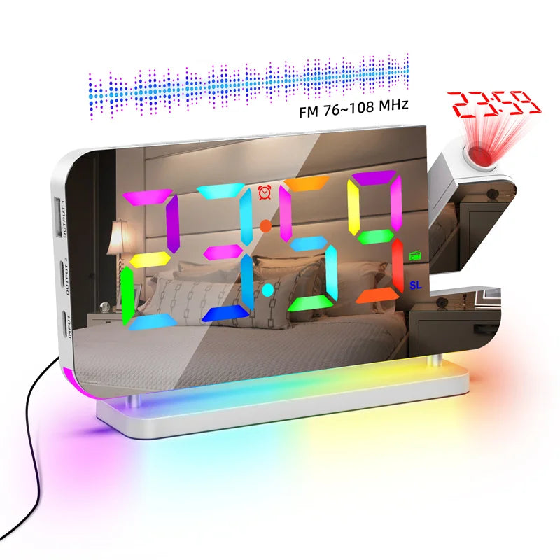 Radio FM a Proiezione 180 Gradi con Sveglia RGB e Luce Notturna 6 Livelli di Luminosità USB Doppia Uscita Orologio LED