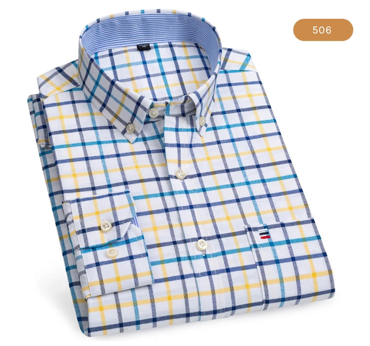 Camicia Da Uomo Oxford Abbottonata Maniche Lunghe In Cotone Al 100 Percento Con Tasca A Quadri Piccoli Stile Casual