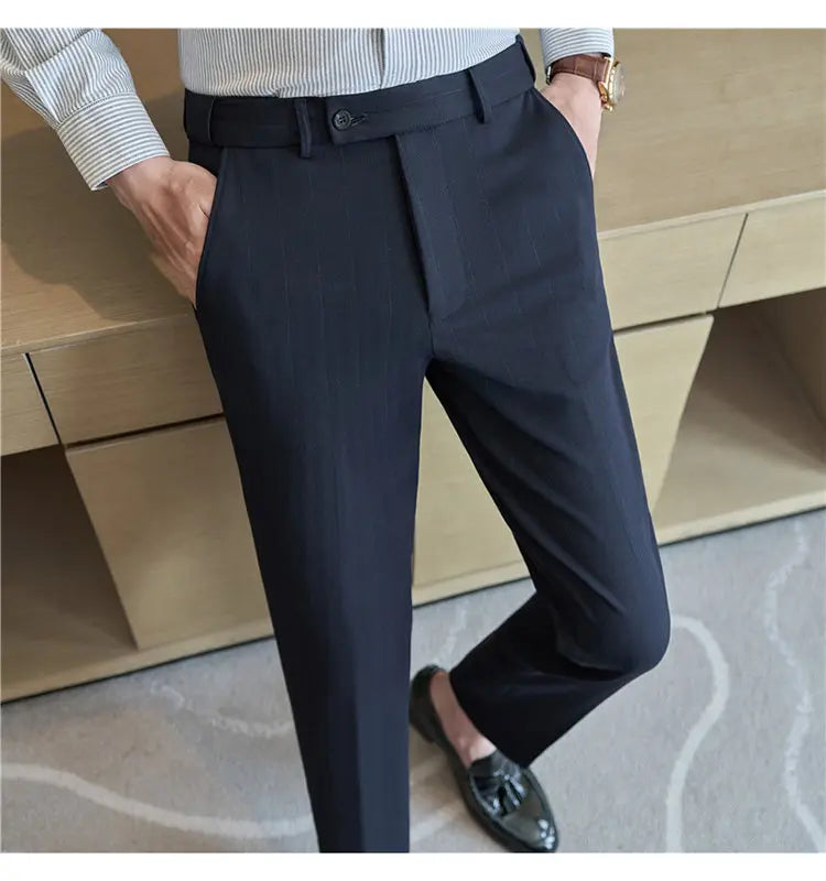 Pantaloni Da Abito Inverno In Lana Spessa Con Vita Elastica Gessati E Tinta Unita Per Uomo