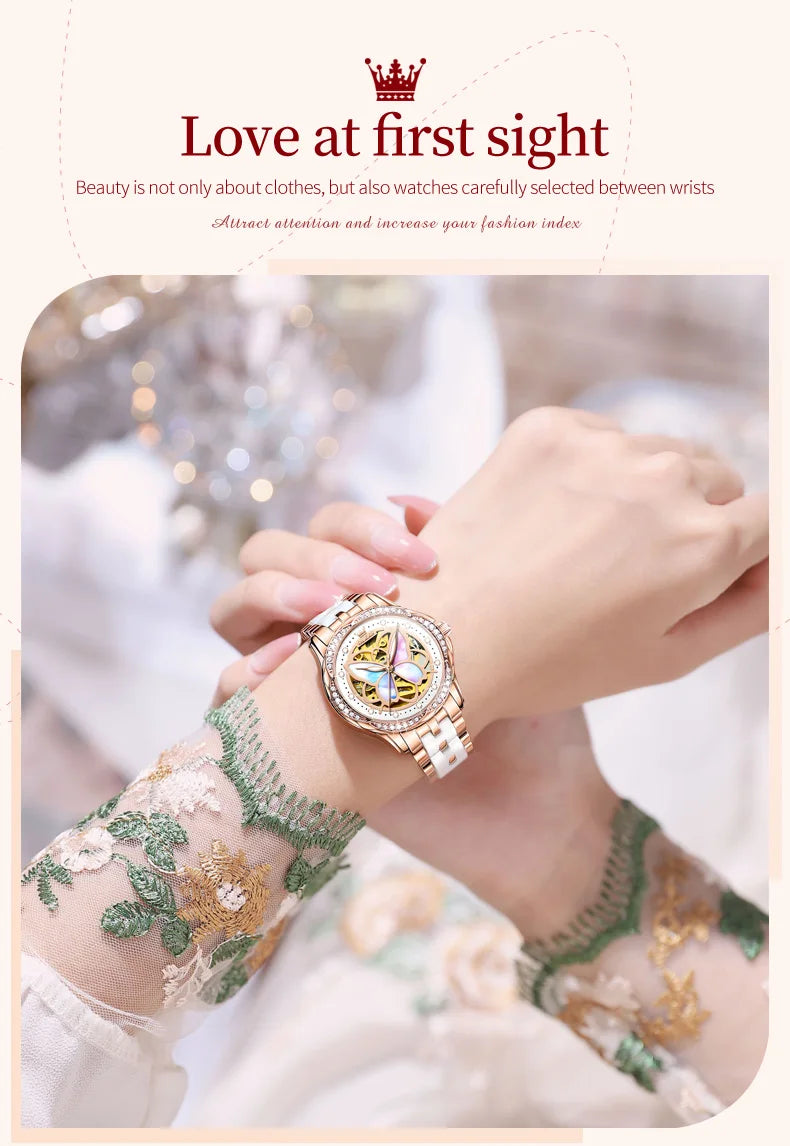 OLEVS Orologio Da Donna Meccanico Automatico In Ceramica Lunetta Originale Impermeabile Luminoso Quadrante A Farfalla
