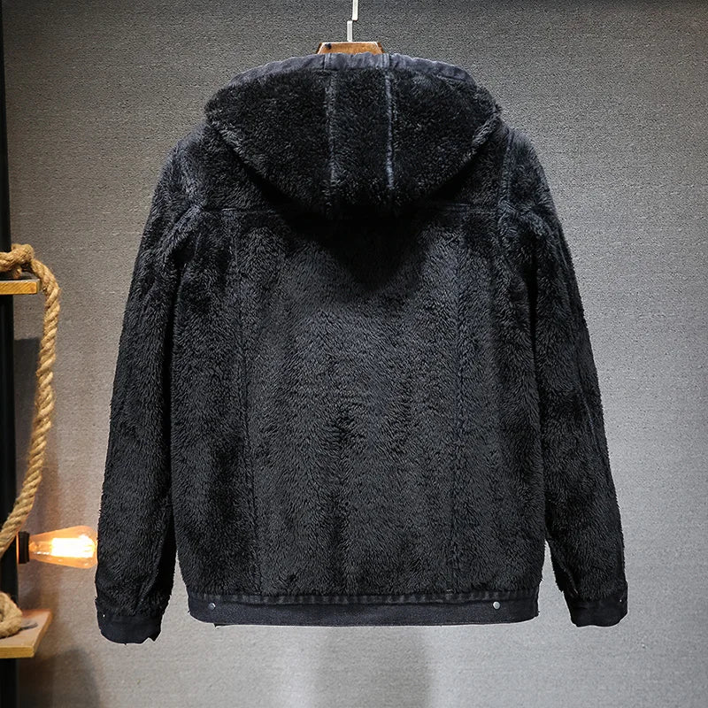 Giacca Jeans Uomo Invernale Termica Spessa Con Cappuccio In Pile Denim Casual Fit Trend