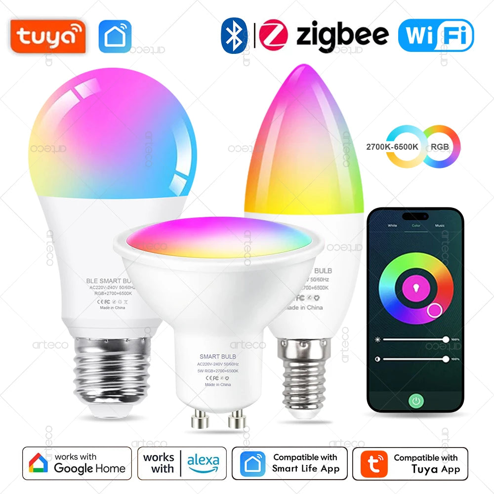 Lampadina LED Intelligente E27 E14 GU10 con WiFi Zigbee Bluetooth Dimerabile RGB 2700K a 6500K Compatibile Alexa e Google