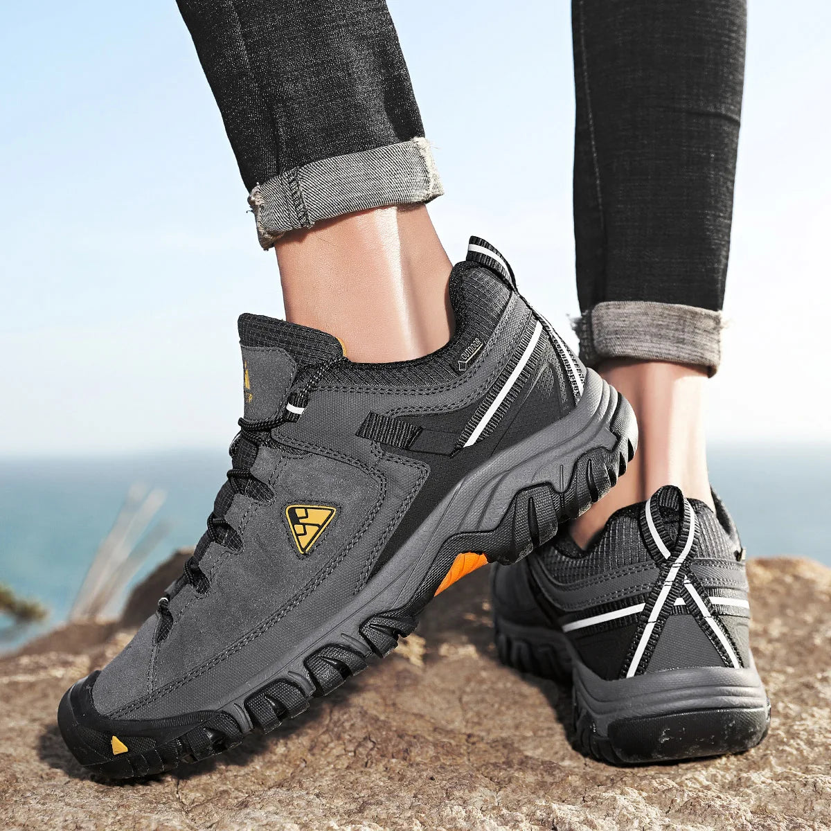 Hikeup Scarpe Trekking Uomo Pelle Alta Qualità Durevoli Esterni Suola Gomma Impermeabile