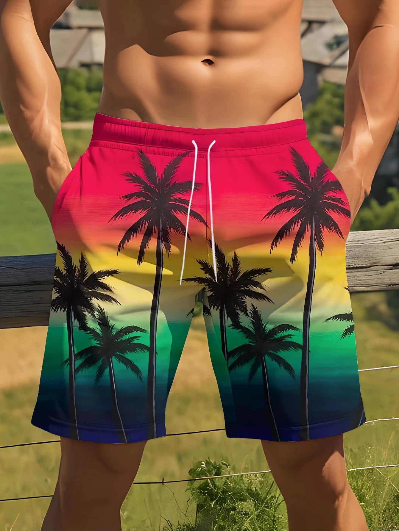 Costume Da Bagno Hawaiano Da Uomo Stampa Palme Sfumate 3D Ad Asciugatura Rapida Spiaggia All Aperto