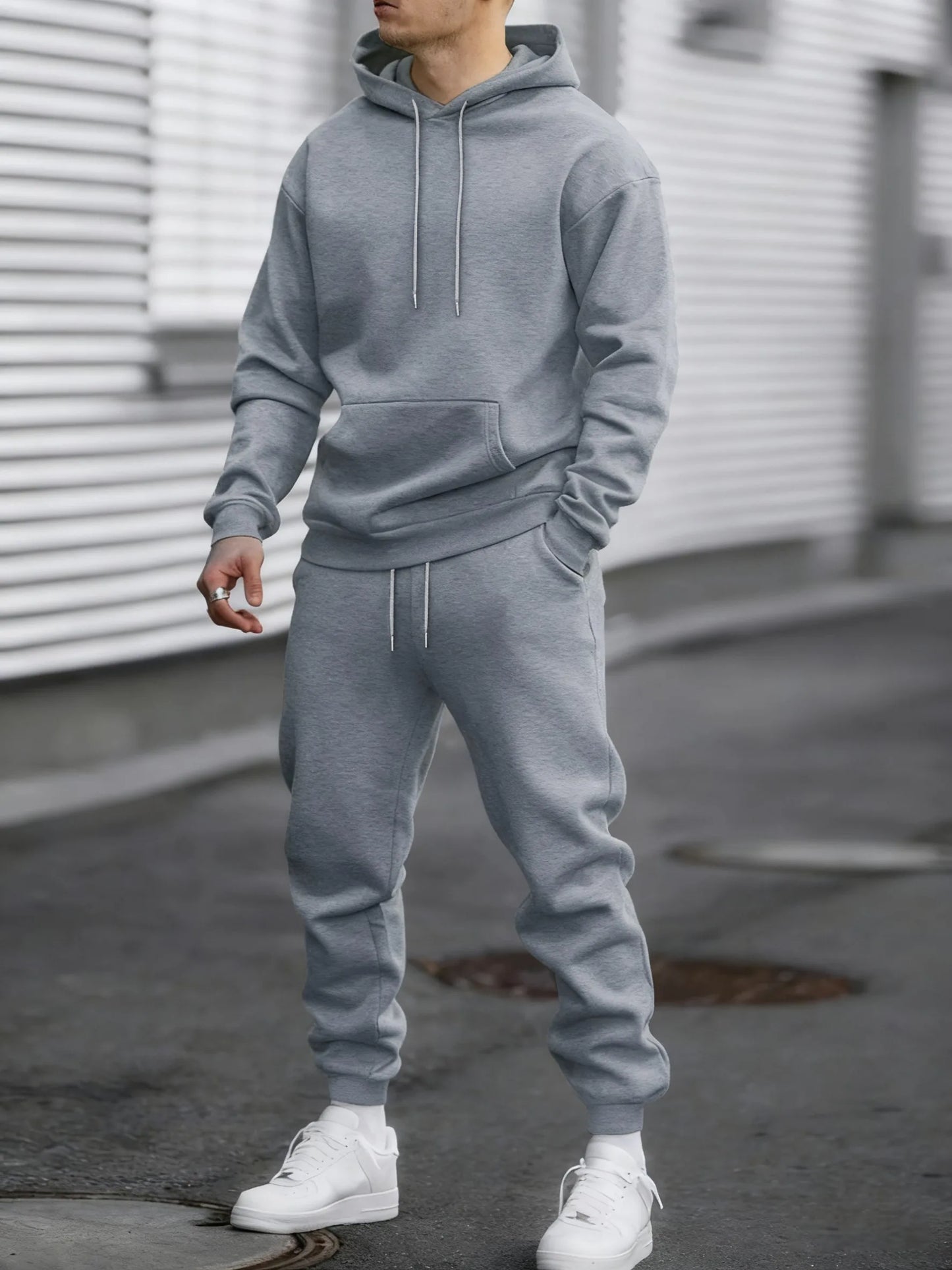 Jogging Solido Nuovo Da Uomo Streetwear All Match Felpa Con Cappuccio Pantaloni Sportivi In Pile Abiti Larghi Autunno