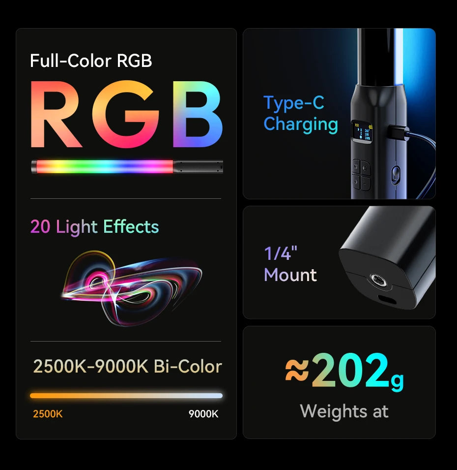 Ulanzi VL119 10W RGB Bacchetta Luminosa Palmare per Fotografia e Video 2500K 9000K Bicolore Vlog Live Streaming