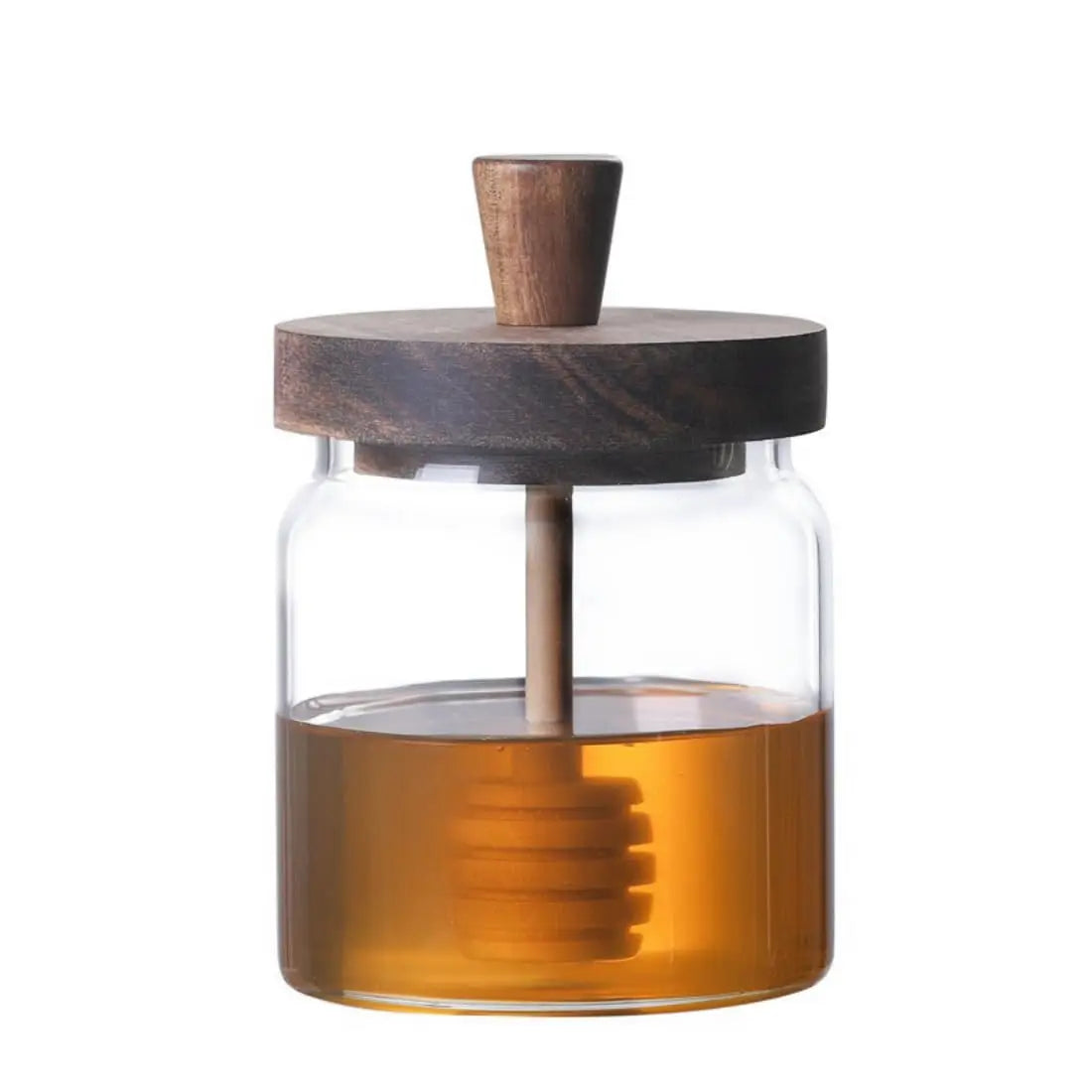 Barattolo Di Miele In Vetro Sigillato Con Bastoncino Per Immersione E Coperchio In Legno Per Cucina Domestica