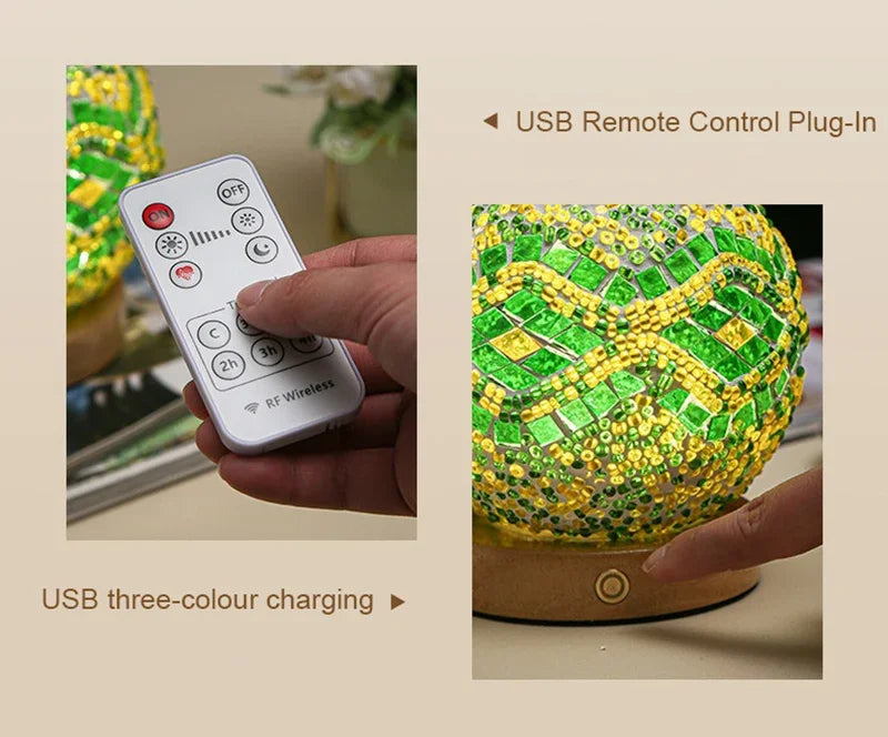 Lampada Da Scrivania LED Bohemien Con USB In Vetro Colorato Attenuazione Calda Stile Nazionale Per Camera Da Letto