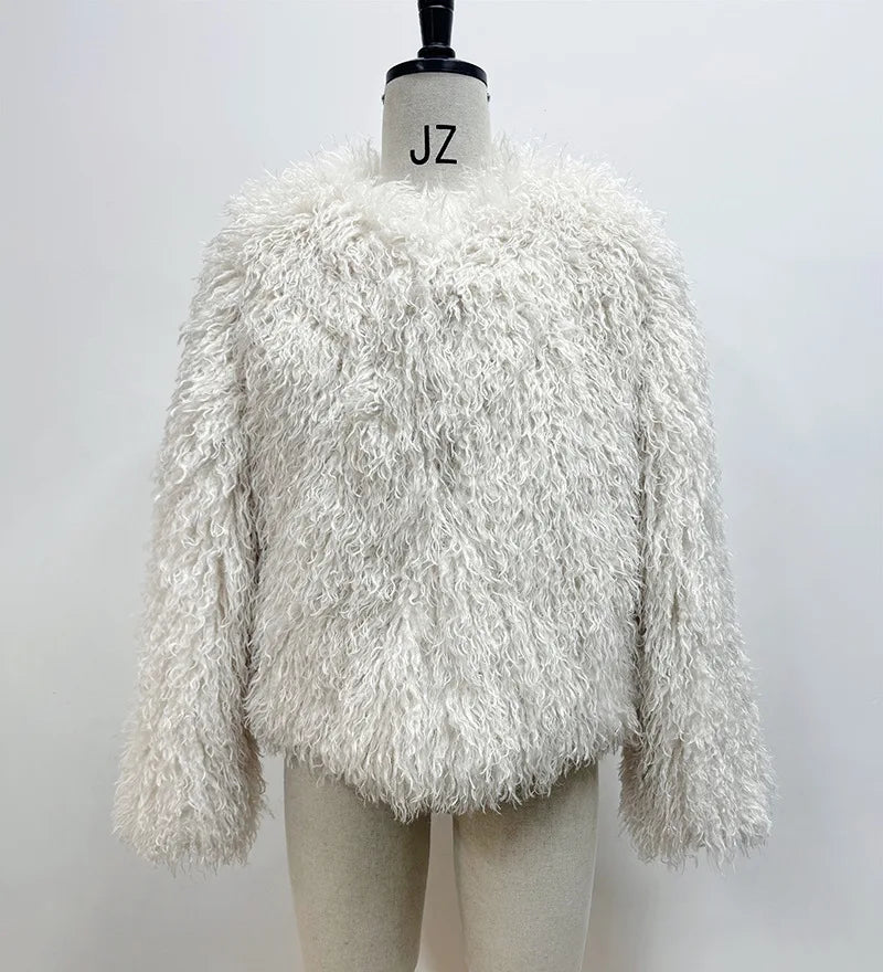 Cappotto Donna Pelliccia Sintetica Marrone Girocollo Allentato Maniche Lunghe Spessa Peluche Giacca Inverno Nuovo 7A1041