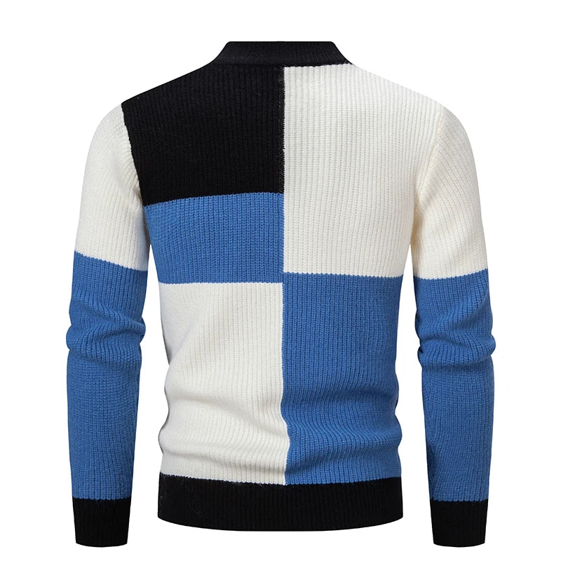 Pullover a Collo Finto da Uomo Patchwork Slim Fit Maglione Lavorato a Maglia Autunno Inverno