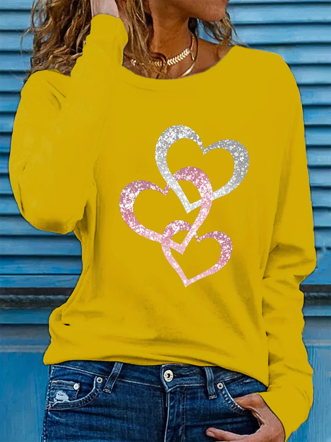 T Shirt Da Donna Maniche Lunghe Con Scollo Tondo Stampa Amore Brillante Moda Casual In Cotone Puro Primavera Autunno