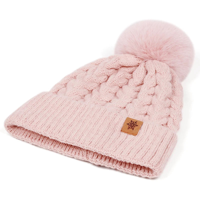 Set Cappello Invernale Donna Sciarpa Guanti Con Pompon Pelo Lavorato A Maglia Per Ragazze Adolescenti