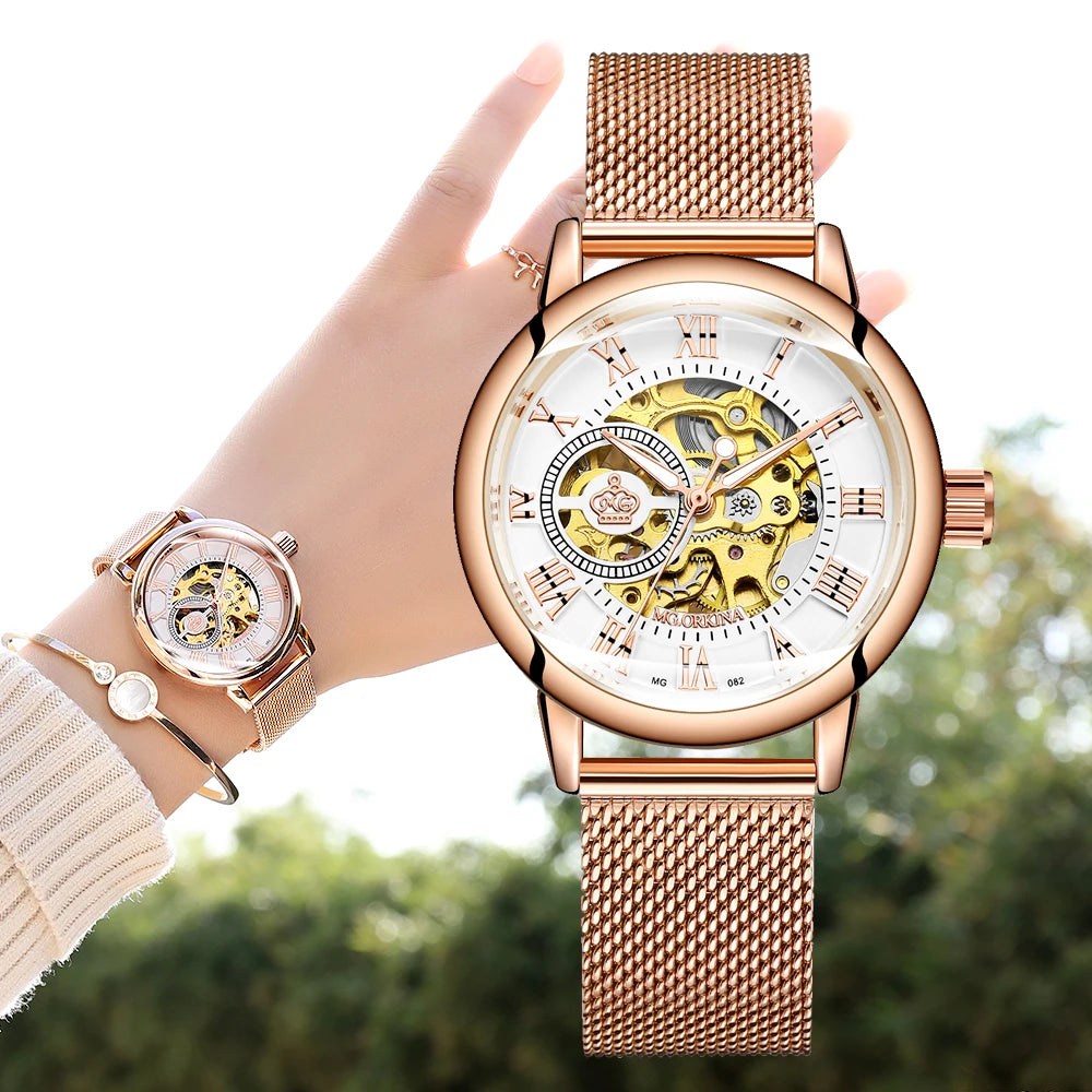 Orologio Meccanico Automatico Da Donna Orkina Classico Scheletrato Lusso Cinturino In Acciaio Inossidabile E Pelle