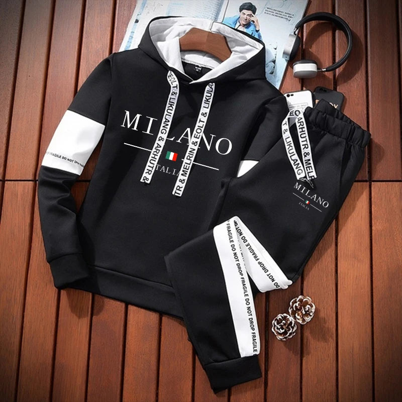 Tuta Da Uomo Monopezzo Con Cappuccio Stampa Casual Nero Bianco Abbigliamento Sportivo Autunno Inverno