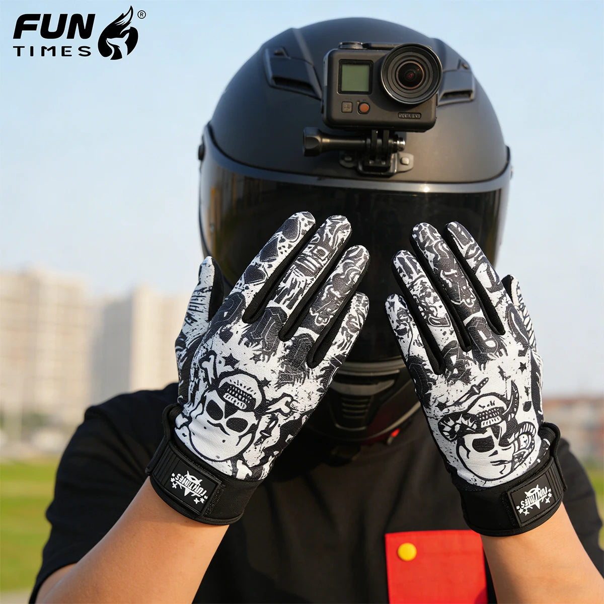 Guanti Da Moto A Dita Intere Funtimes Blu Brillante Con Strisce Rosse Uomo Sportivi Alla Moda