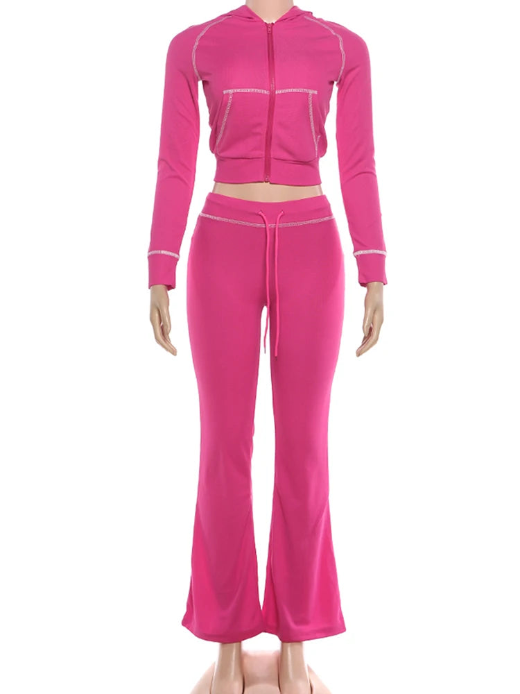 Weird Puss Tuta Donna Due Pezzi con Cappuccio Zip Tasca Giacca Pantaloni Svasati con Coulisse Casual Sportiva Slim Outfit