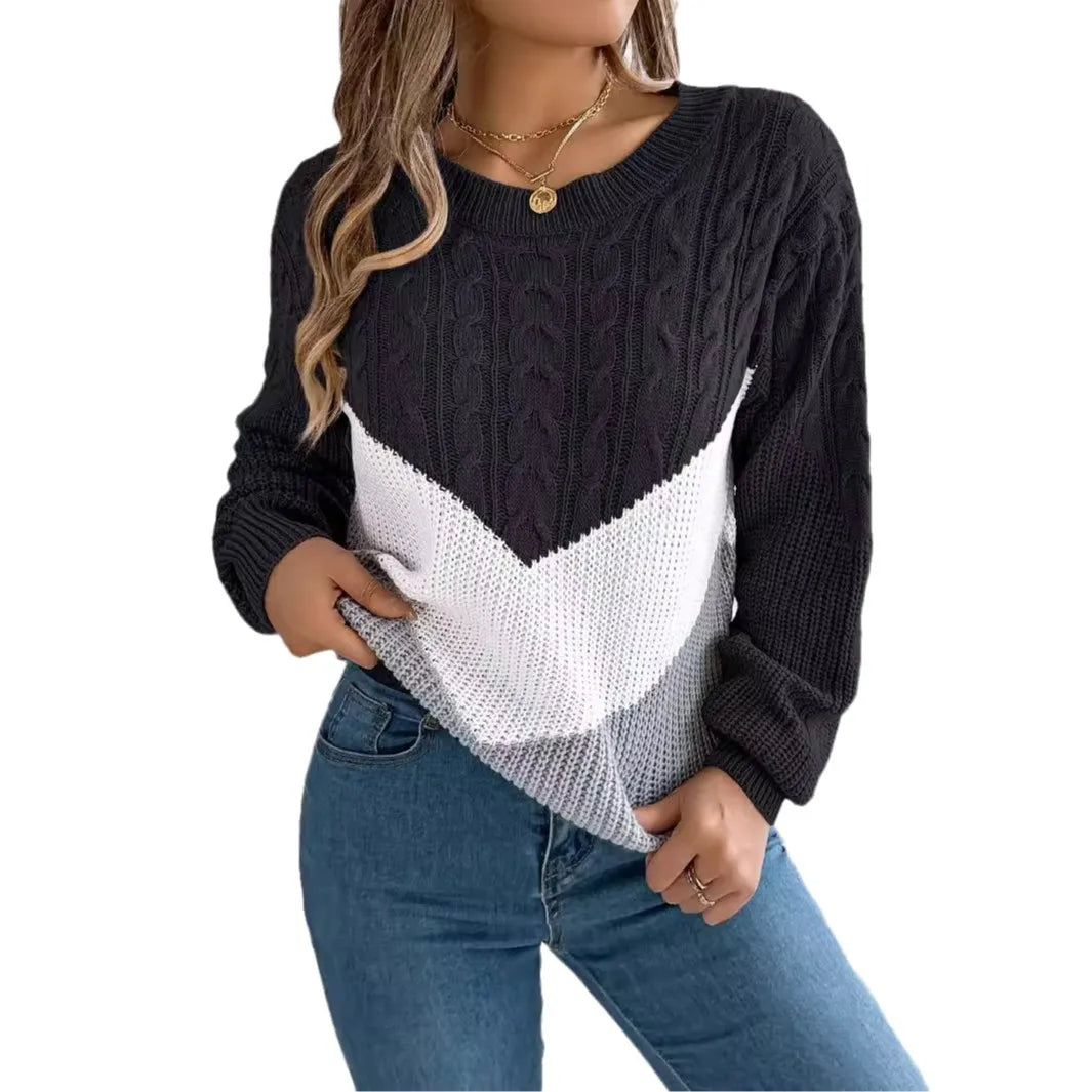 Pullover Lavorato A Maglia Autunno Inverno Color Block Manica Lanterna Collo A O Jersey Donna Elegante