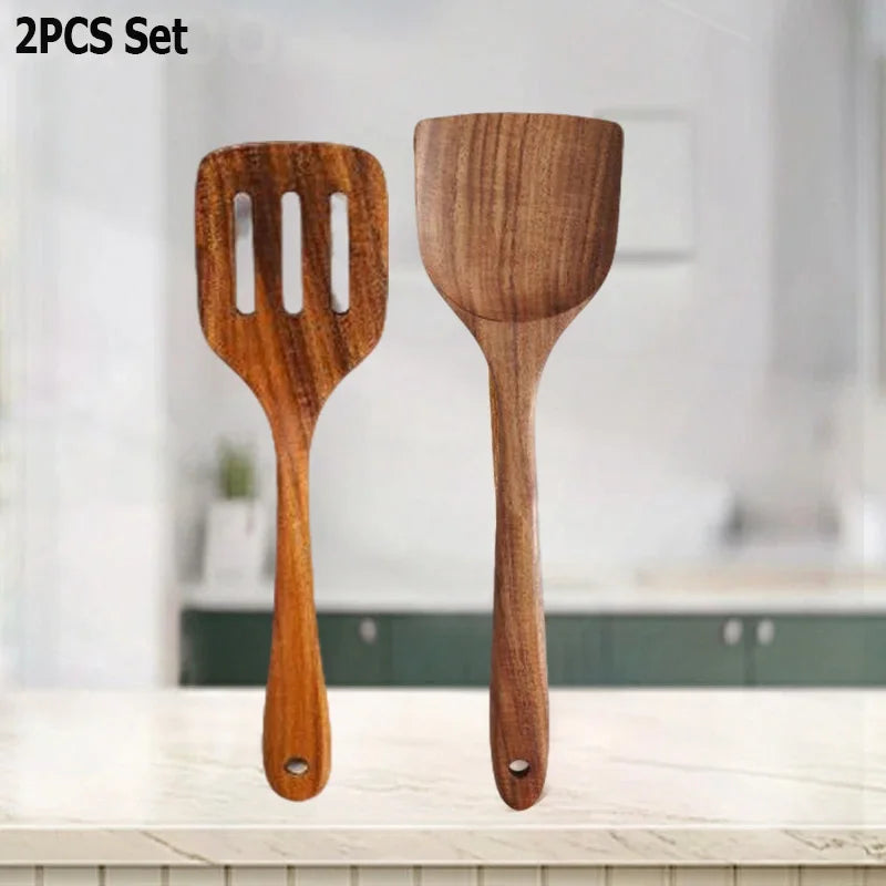 Wxcoo Cucchiai Da Cucina In Legno Di Teak Naturale Set Spatole E Paletta In Legno Antiaderente Utensili Da Cucina