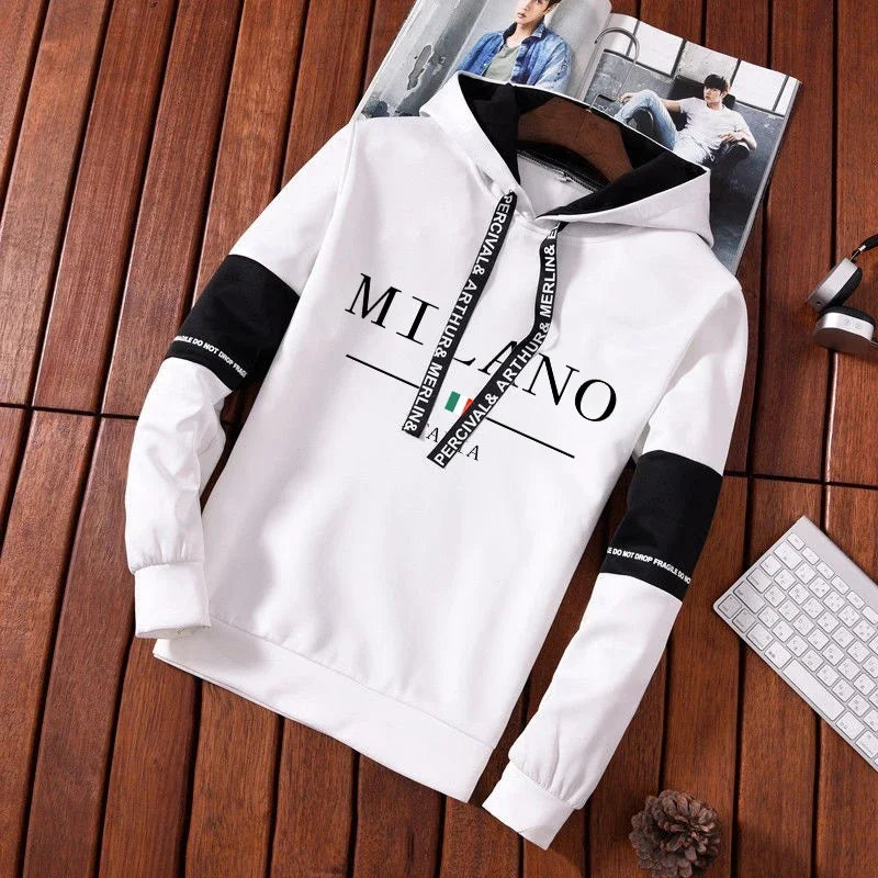 Tuta Da Uomo Monopezzo Con Cappuccio Stampa Casual Nero Bianco Abbigliamento Sportivo Autunno Inverno