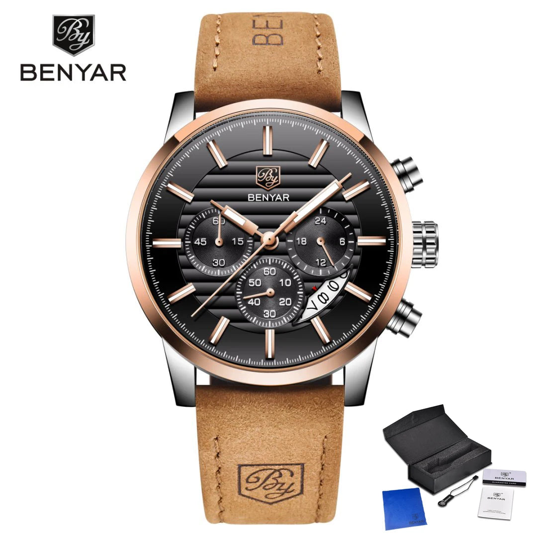 Orologio Da Uomo BENYAR Al Quarzo In Pelle Impermeabile Multifunzione Cronografo calendario Resistente Agli Urti