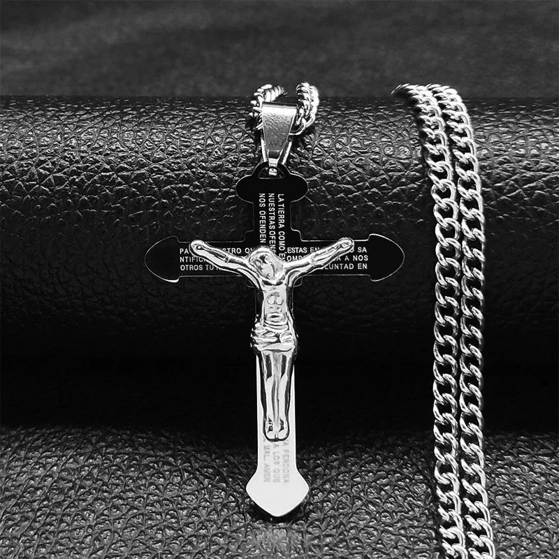 Collana Croce Biblica In Acciaio Inossidabile Pendente Gesù Lunga Unisex Uomo Donna Gioielli Religiosi