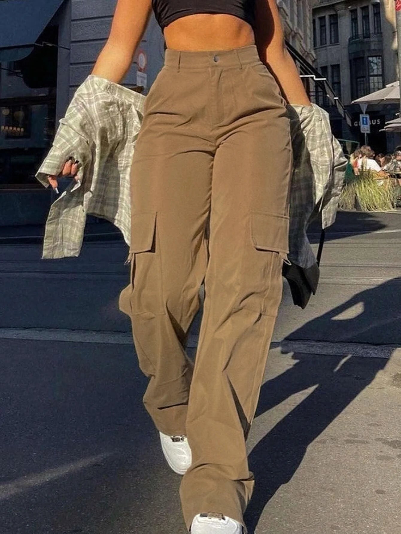 Pantaloni Cargo Da Donna Vita Alta Tinta Unita Con Bottoni E Tasche Casual Da Strada Per Tutte Le Stagioni
