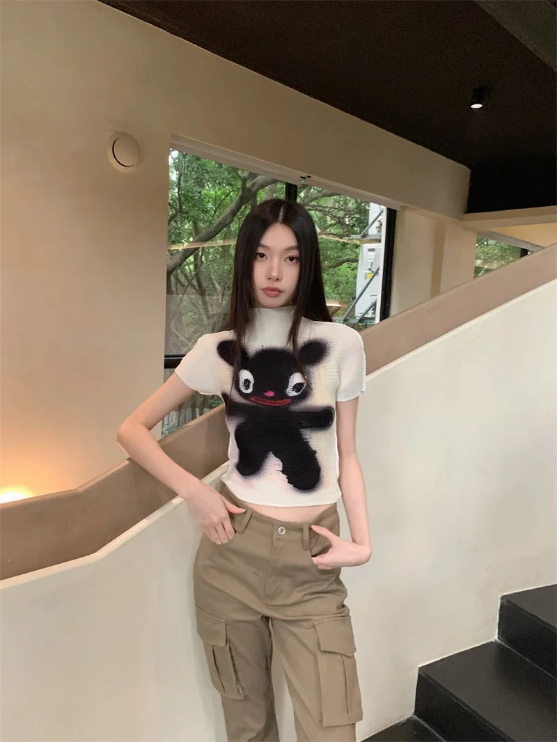 Cheerart Y2K Moda Crop Top Piega Da Donne Estate Manica Corta Kawaii Cartoon T Shirt Abbigliamento