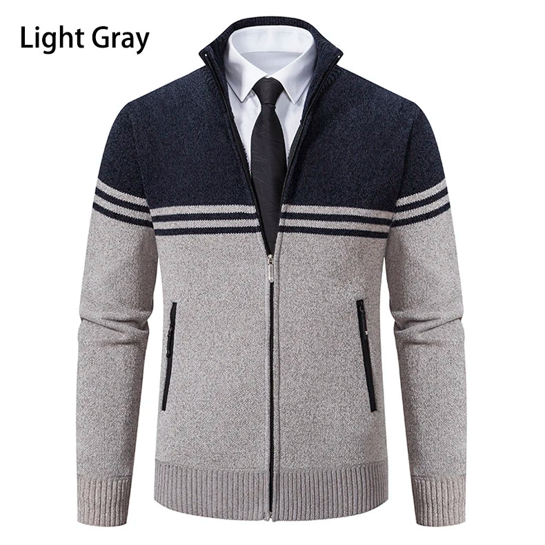 Nuovo Maglione Invernale da Uomo in Pile Spesso con Colletto Coreano e Cerniera Cardigan Casual a Righe