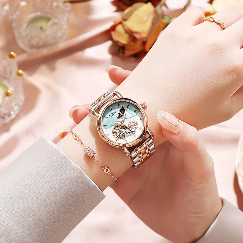 Orologio Da Donna Automatico Impermeabile Con Fasi Lunari E Fiori Girevoli Lusso Di Marca Pregiata