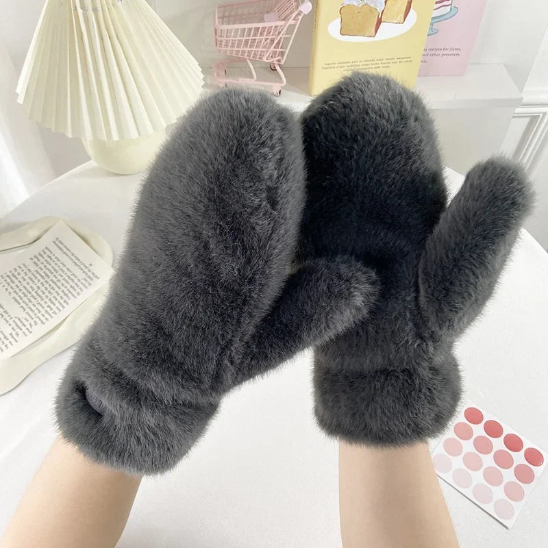 Guanti In Peluche Spessi E Caldi Con Cashmere E Pelliccia Di Coniglio Imitazione Per Donne Antivento Con Dita Intere