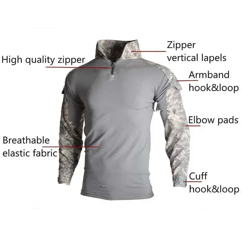 Camicie Tattiche Esterno A Maniche Lunghe Con Cerniera Quarter Zip Ripstop Cotone Resistente Camouflage Per Airsoft Uomo