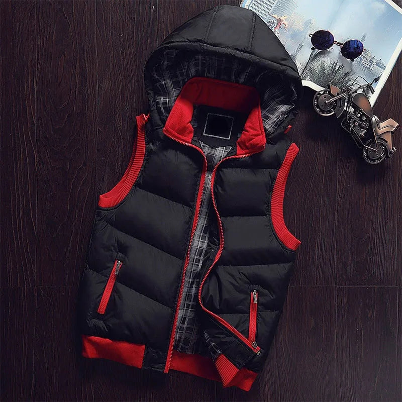 Gilet Invernale Imbottito Da Uomo Con Cappuccio In Cotone Colore A Contrasto Senza Maniche Caldo E Spesso