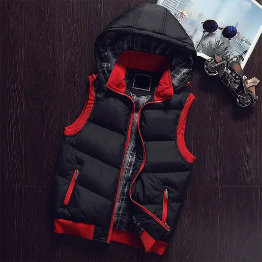 Gilet Invernale Imbottito Da Uomo Con Cappuccio In Cotone Colore A Contrasto Senza Maniche Caldo E Spesso